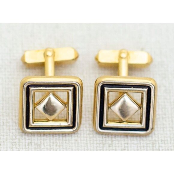 Vintage Geometric Square Diamond Gold Tone Cuff Links by Swank - H1 - Picture 2 of 3